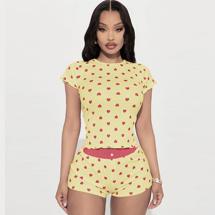 Damen Pyjama Set mit herzförmigem Muster und elastischem Bund Drune