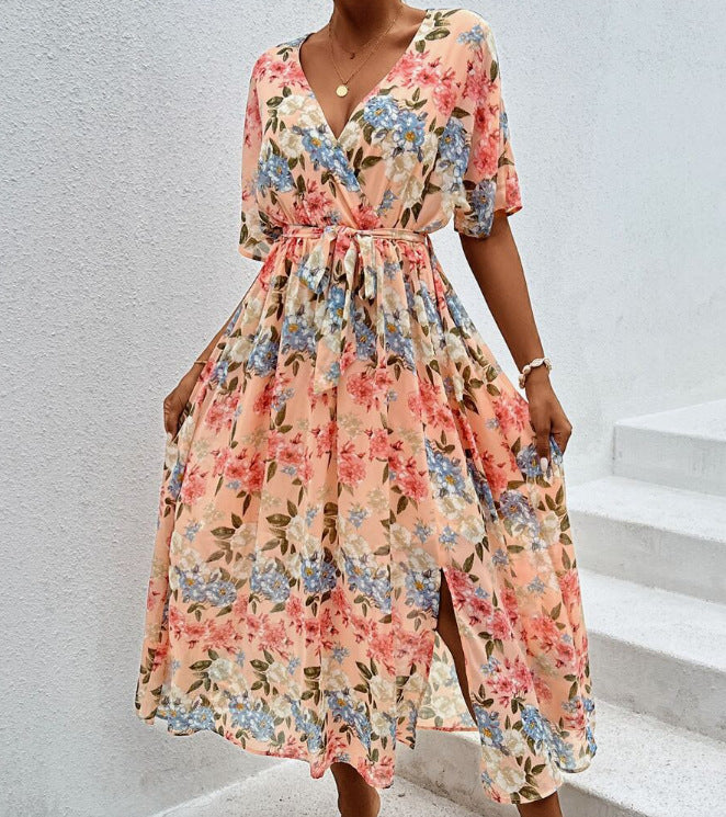 Damen nan florales V-Ausschnitt-Bindekleid mit tailliertem Gürtel und seitlichem Beinschlitz Drune