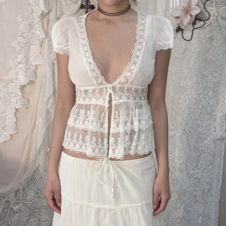 Damen Spitzenbluse mit Rüschendetails und tiefem V-Ausschnitt Drune