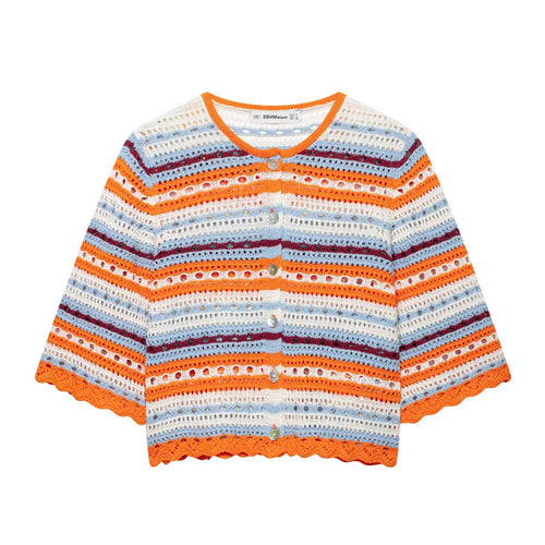 Damen Häkel-Cardigan Kurzarm mit Knopfleiste und Streifenstruktur Drune