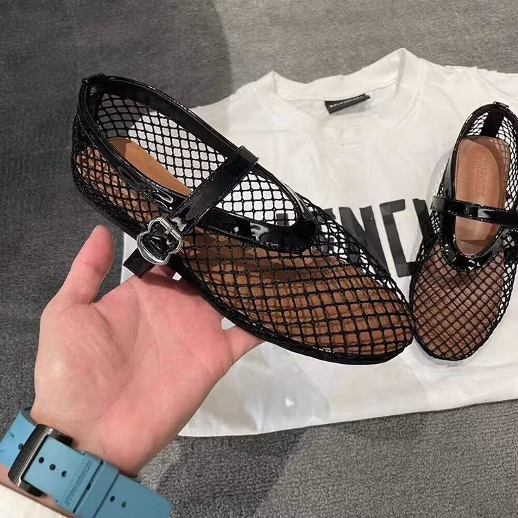 Damen Netz‑Ballerinas mit Mary‑Jane Riemen und geflochtener Sohle Drune
