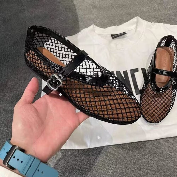 Damen Netz‑Ballerinas mit Mary‑Jane Riemen und geflochtener Sohle Drune