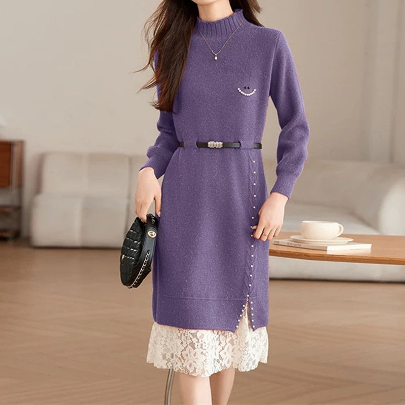Damen Strickkleid mit elegantem Spitzensaum und taillierbarem Gürtel Drune