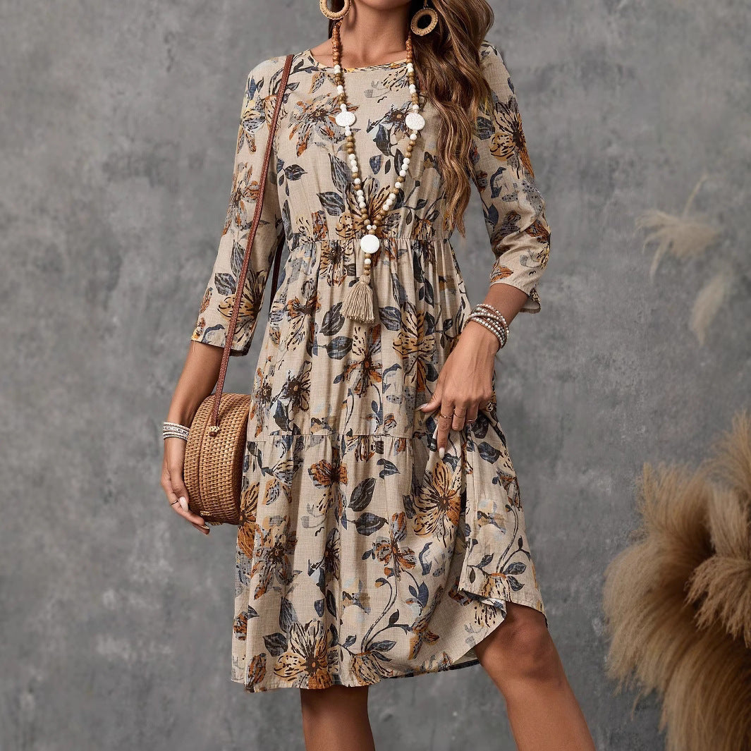 Damen Midikleid mit lockerem Schnitt und floralen Mustern Drune