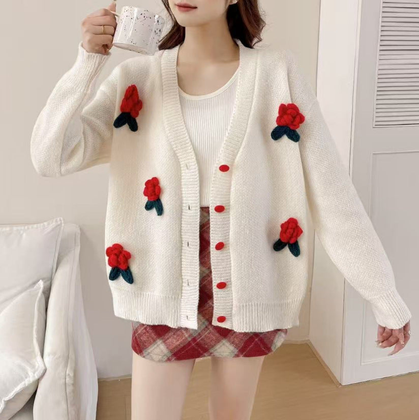 Damen verspielte Strickjacke mit floralen Applikationen und Knopfdetails Drune