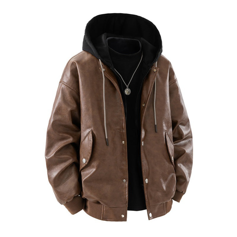 Herren oversized Kunstleder-Bomberjacke mit kontrastkapuze, Druckknopfblende und aufgesetzten Taschen Drune