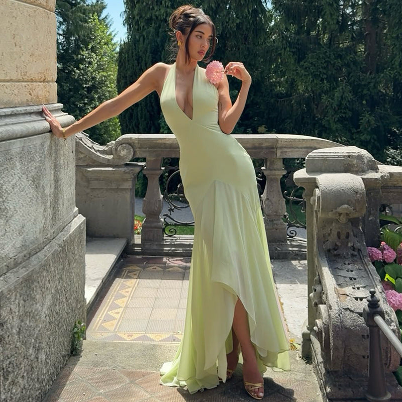 Damen Elegantes Maxikleid mit tiefem V-Ausschnitt und fließendem Rock Drune
