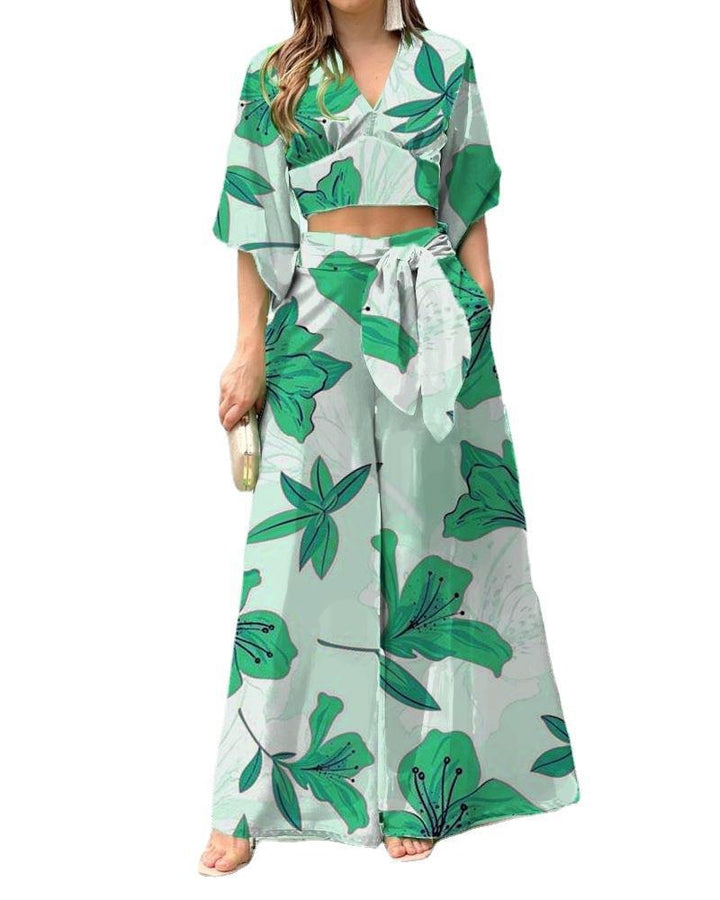 Damen Zwei-Teiler Sommer Set mit Wickel-Crop-Top und Hochtaillierten Palazzo-Hosen EB