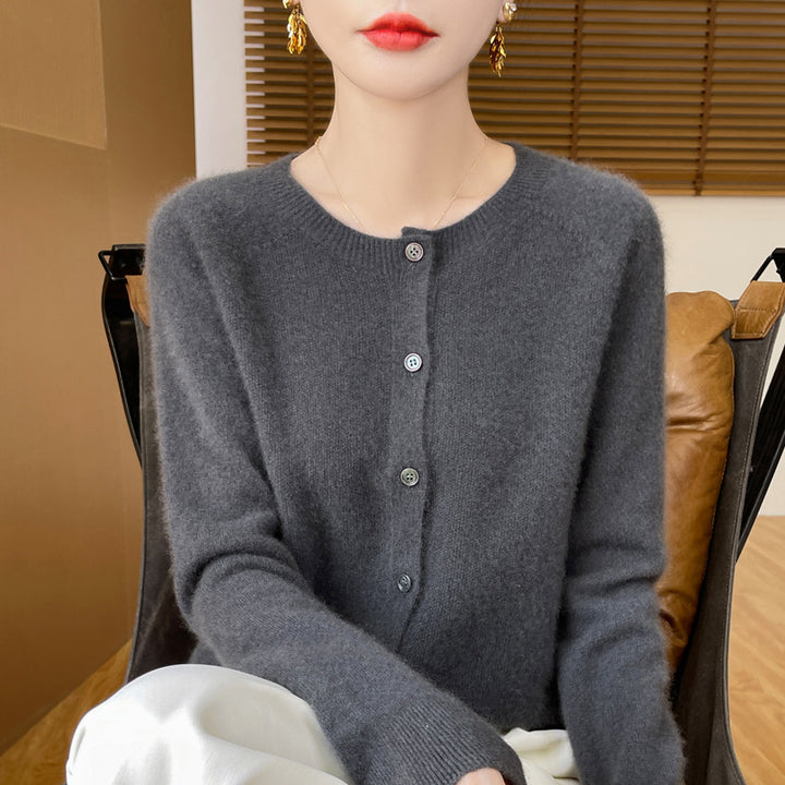 Damen Kurzgeschnittener Feinstrick-Cardigan mit Rundhalsausschnitt und schimmernder Knopfleiste Drune