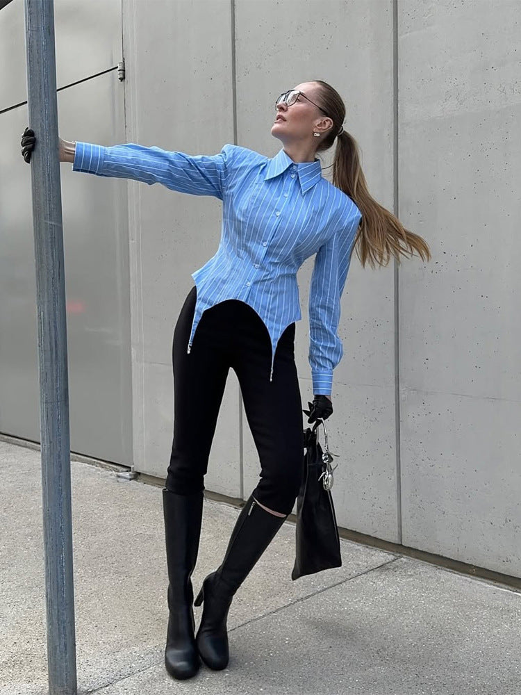 Damen Taillierte Streifen-Hemdbluse mit spitzem Schößchen und Taillenraffung Drune