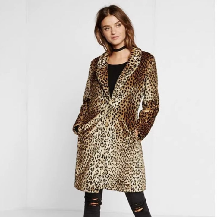 Damen Midilanger Faux‑Fur‑Mantel im Leopardenprint mit Reverskragen und Eingrifftaschen Drune