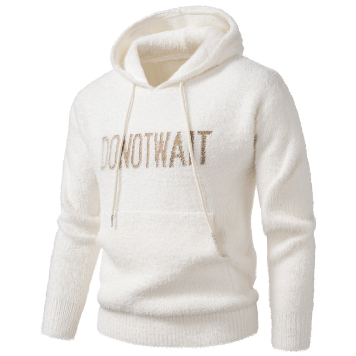 Herren Flauschiger Kapuzenpullover aus Teddy-Fleece mit Statement-Frontprint und Kängurutasche Drune