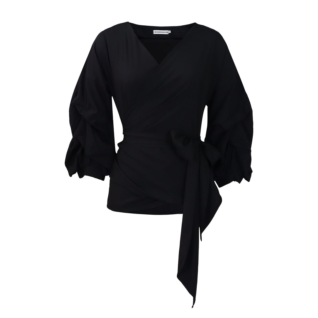 Damen Wickelbluse mit voluminösen Ärmeln und elegantem Taillengürtel Drune