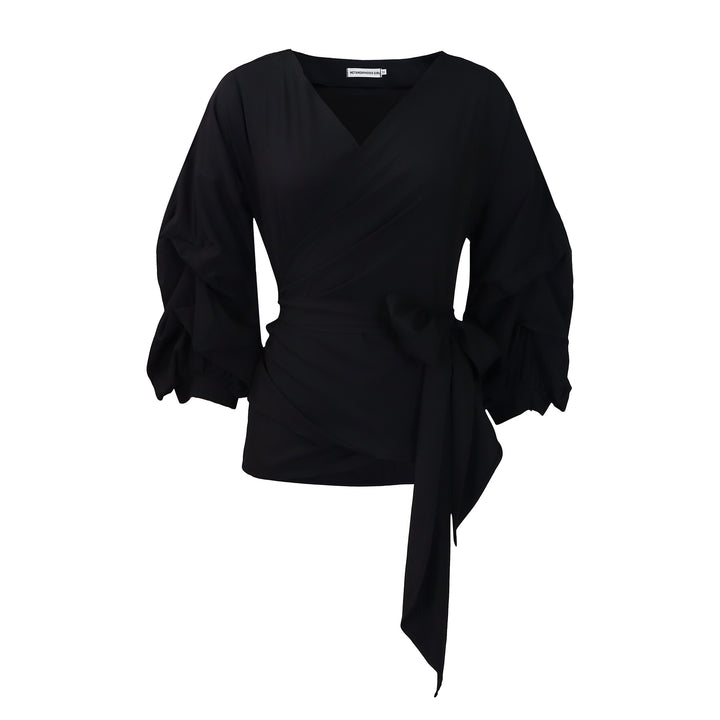Damen Wickelbluse mit voluminösen Ärmeln und elegantem Taillengürtel Drune