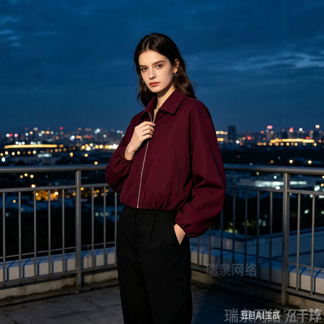 Damen Cropped Bomberjacke mit Ballonärmeln, elastischem Saum und Reverskragen Drune