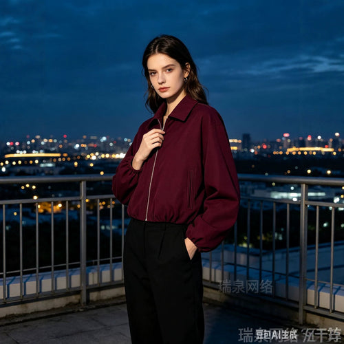 Damen Cropped Bomberjacke mit Ballonärmeln, elastischem Saum und Reverskragen Drune
