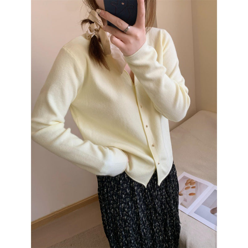 Damen modische Strickjacke mit vornem Knopfverschluss und V-Ausschnitt Drune
