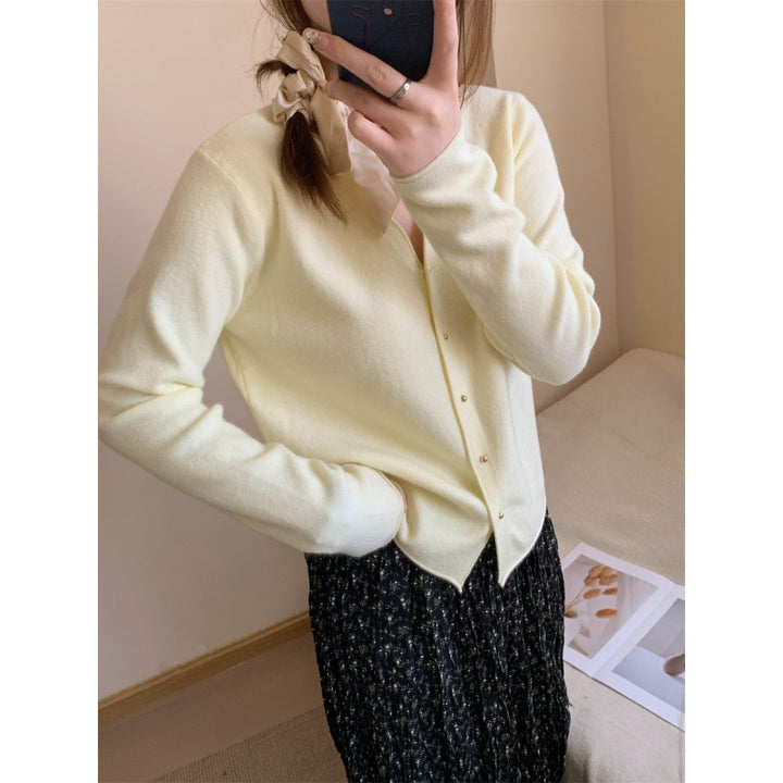 Damen modische Strickjacke mit vornem Knopfverschluss und V-Ausschnitt Drune