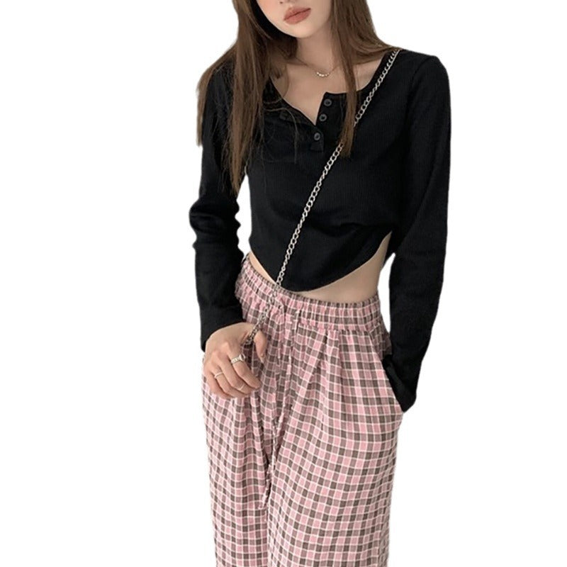 Damen Langarmshirt mit Knopfleiste und feinem Rippdesign