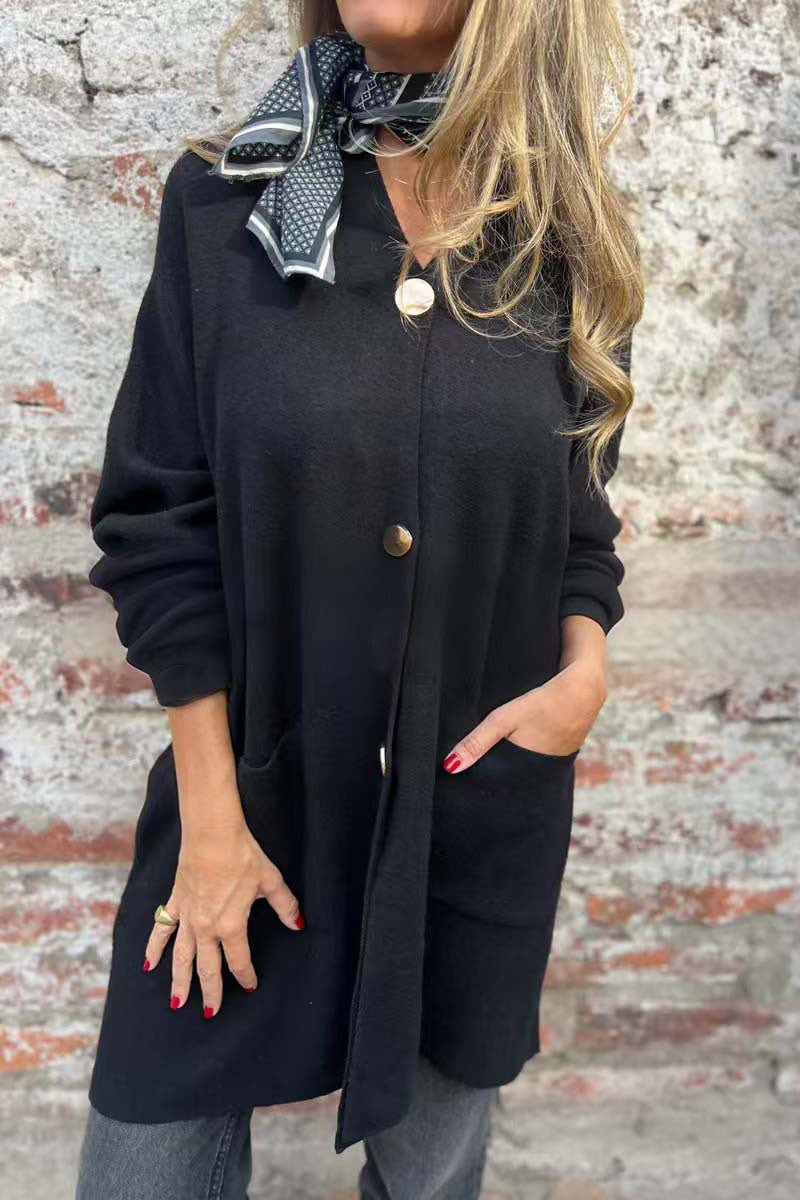 Drune | Lange Unifarbene Einreihige V-Ausschnitt Strickjacke Jacke