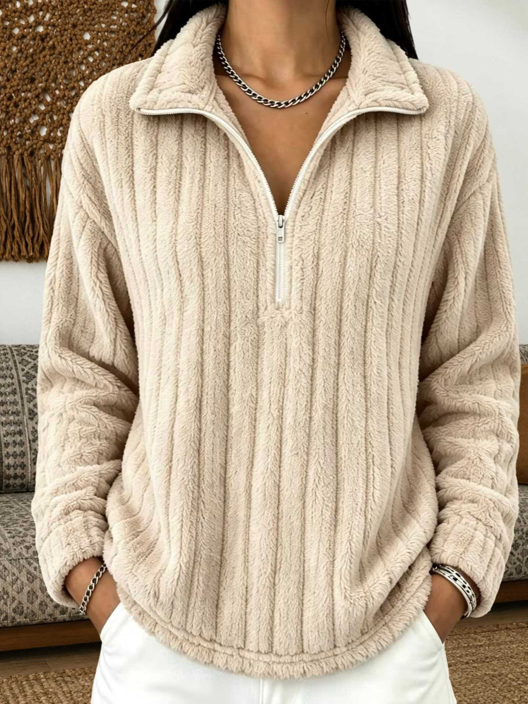 Damen Kuscheliger Plüsch-Halfzip-Pullover mit Stehkragen Drune