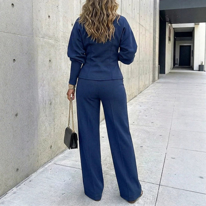Damen Zweiteiliges tailliertes Blazer‑Hosen‑Set mit goldenen Zierknöpfen und weitem Palazzo-Bein Drune