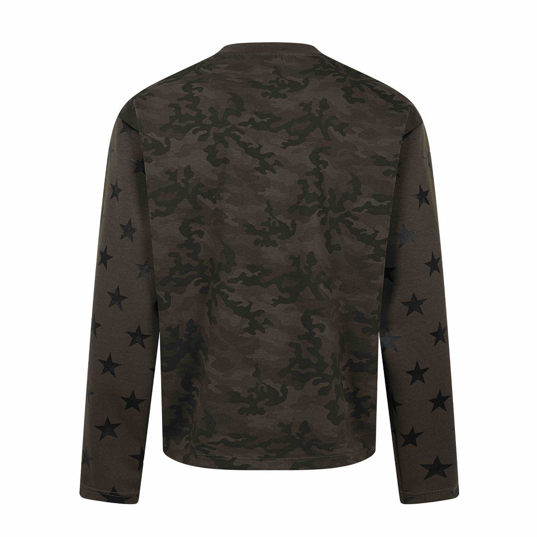 Unisex Oversize Sweatshirt mit Camouflage-Print, Sternärmel-Applikation und großflächigem Metallic-Print Drune