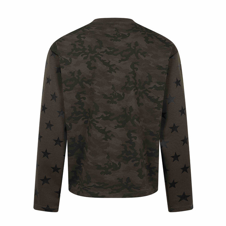 Unisex Oversize Sweatshirt mit Camouflage-Print, Sternärmel-Applikation und großflächigem Metallic-Print Drune
