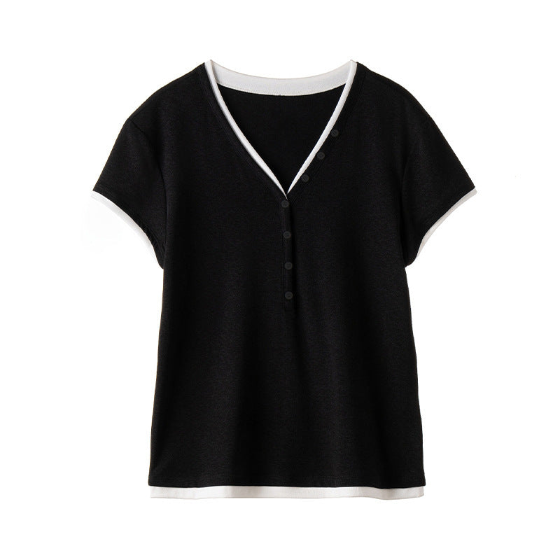 Damen Kurzärmeliges V-Ausschnitt-Henley-Shirt aus Stretch-Jersey mit feiner Knopfleiste Drune