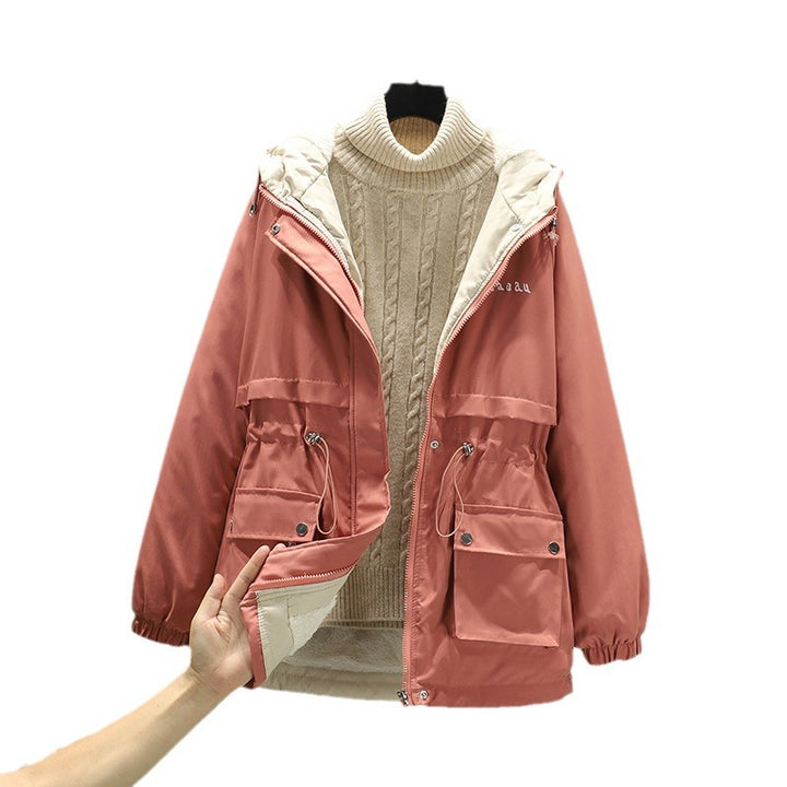Damen Wasserabweisender Kapuzenparka mit Teddyfutter Tunnelzugtaillierung und Mehrfachtaschen Drune