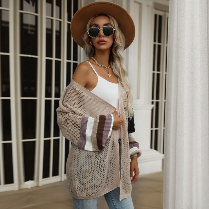 Damen Longline-Netzstrick-Cardigan mit Ballonärmeln und Blockstreifen Drune
