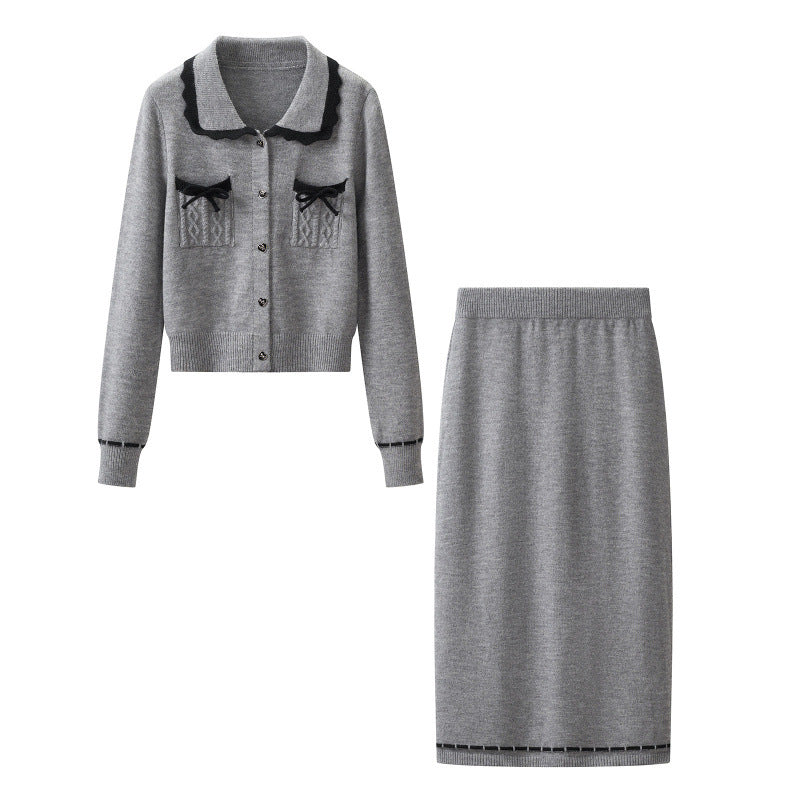 Damen Zweiteiliges Feinstrick‑Set mit kurzgeschnittenem Rüschen‑Cardigan und High‑Waist Bleistiftrock Drune