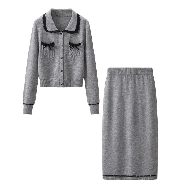 Damen Zweiteiliges Feinstrick‑Set mit kurzgeschnittenem Rüschen‑Cardigan und High‑Waist Bleistiftrock Drune
