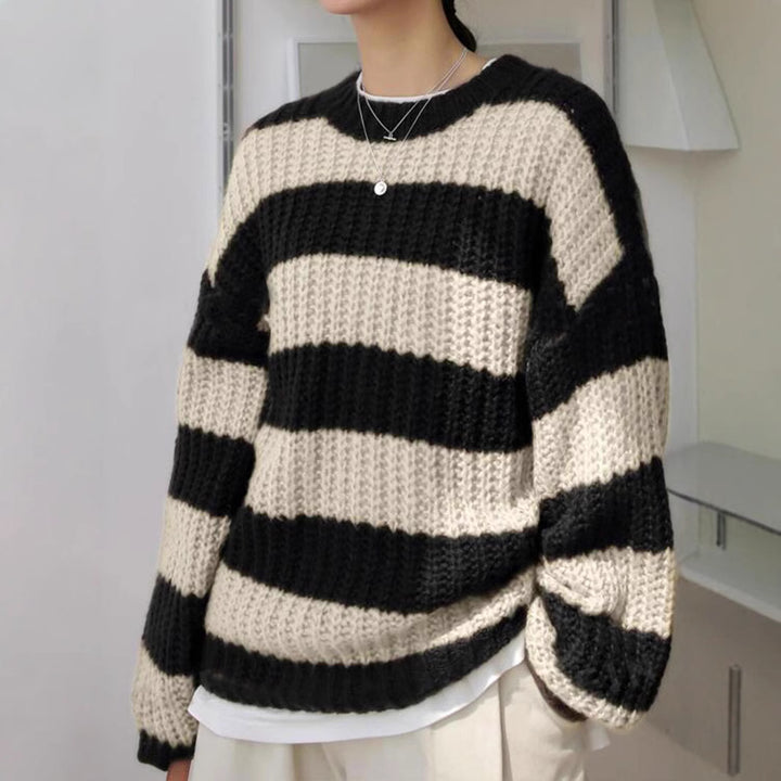Damen modischer Strickpullover mit breiten Streifen und lockerer Passform Drune