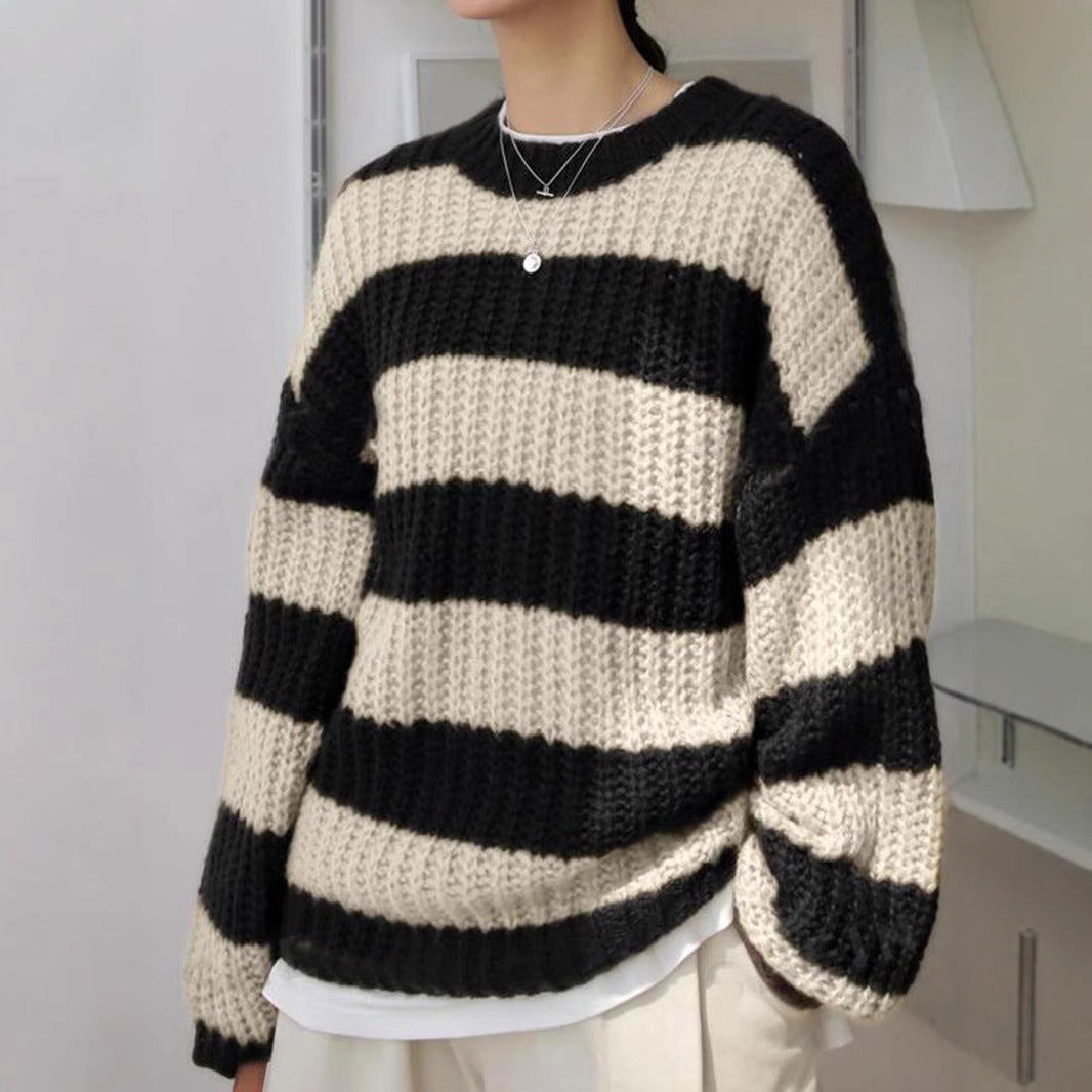Damen modischer Strickpullover mit breiten Streifen und lockerer Passform Drune