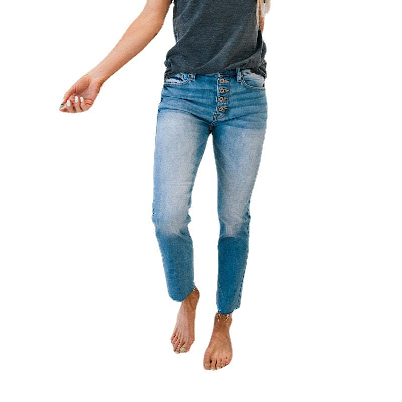 Damen High-Waist Jeans mit knöpfbarem Einsatz und fransigem Saum Drune