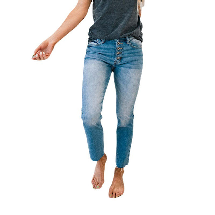 Damen High-Waist Jeans mit knöpfbarem Einsatz und fransigem Saum Drune