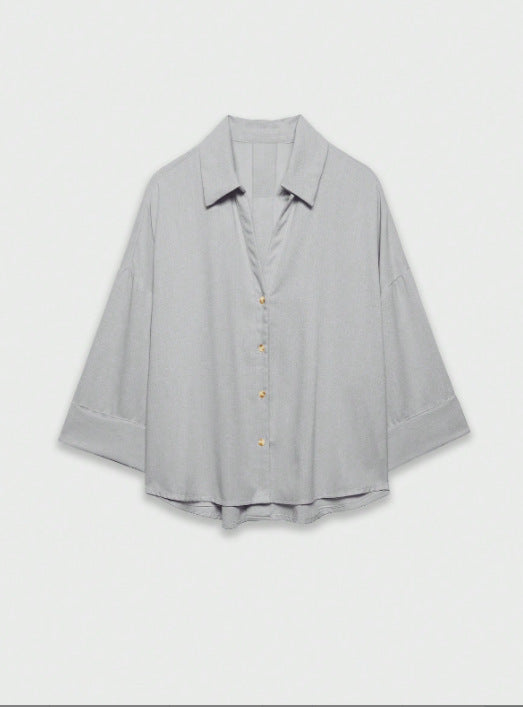 Damen Leichte Oversize Leinenoptik Bluse mit Dreiviertelärmeln und durchgehender Knopfleiste Drune