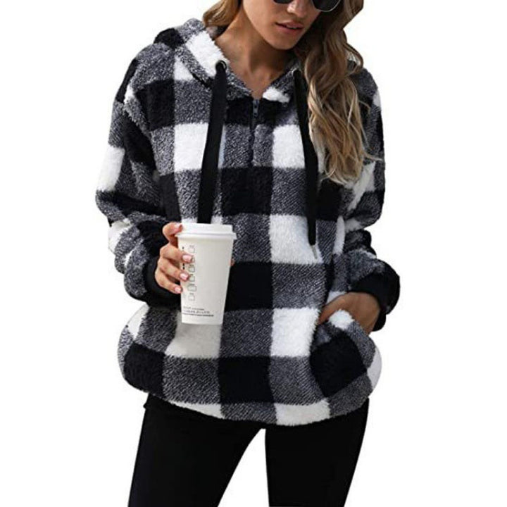Damen Plüsch Hoodie mit hohen Kragen und Karo-Muster Drune