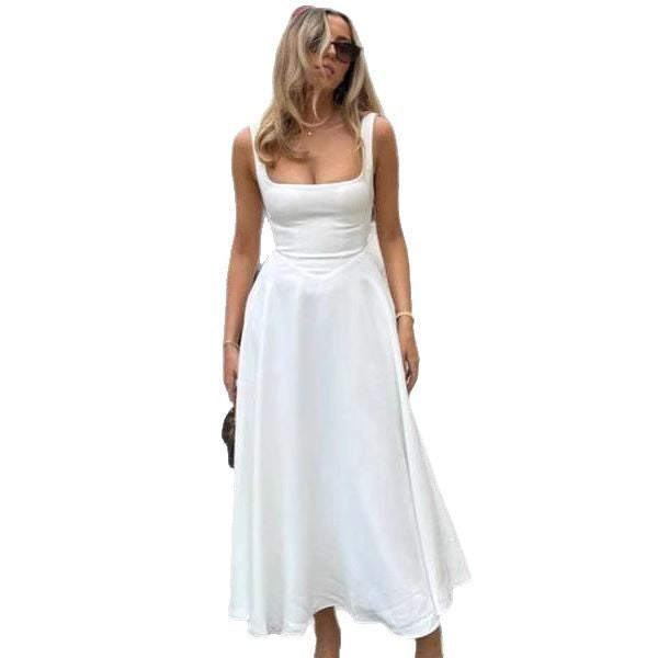 Damen Fließendes Midi-Kleid mit quadratischem Ausschnitt und eleganter A-Linien-Silhouette Drune