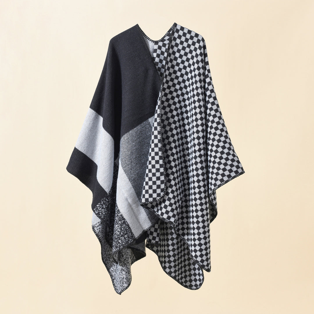 Damen Wendbarer Karomuster-Capeponcho aus Wollmix mit kastigem Oversize-Fall Drune