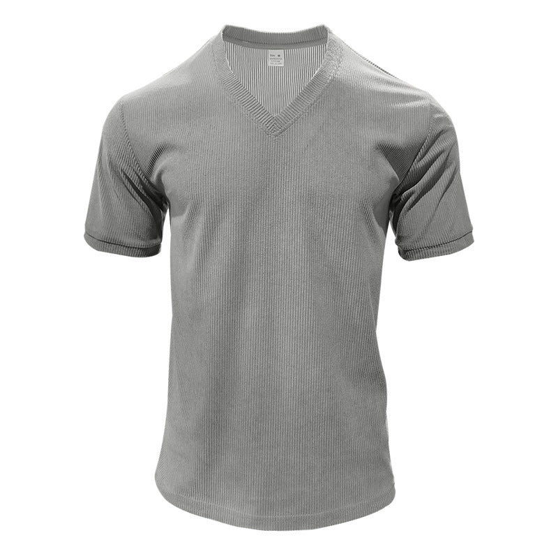 Herren nan strukturiertes V-Ausschnitt-Rippjersey-Shirt mit kurzem Arm und körpernaher Passform Drune