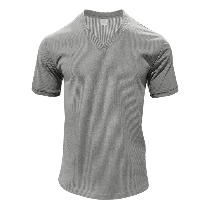 Herren nan strukturiertes V-Ausschnitt-Rippjersey-Shirt mit kurzem Arm und körpernaher Passform Drune