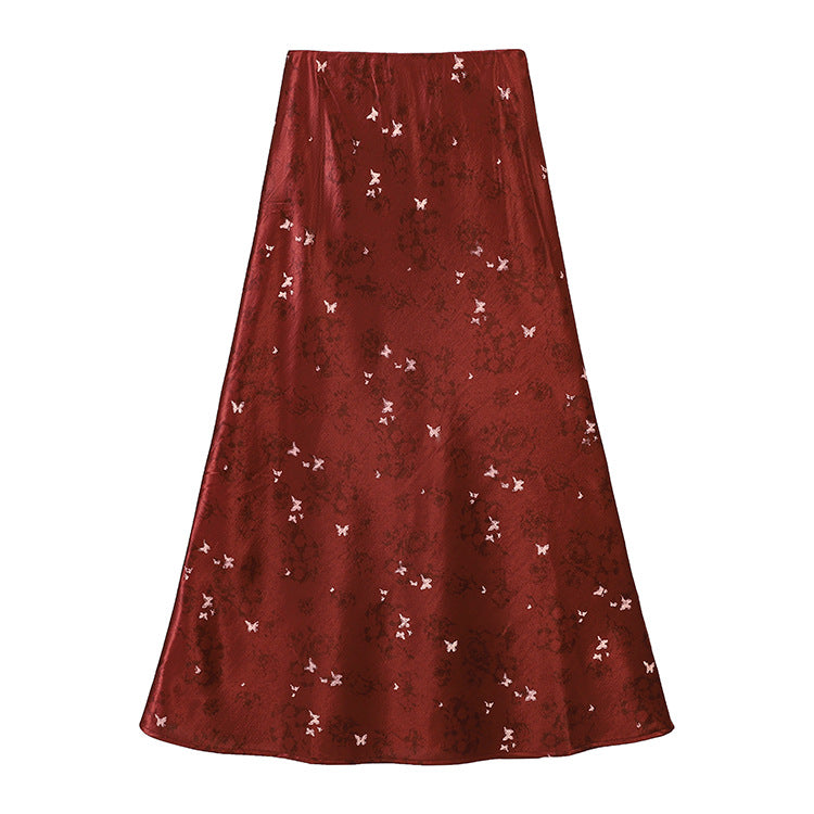 Damen nan A-Linien Midirock aus Jacquard-Satin mit floralen und Schmetterlingsreliefs Drune