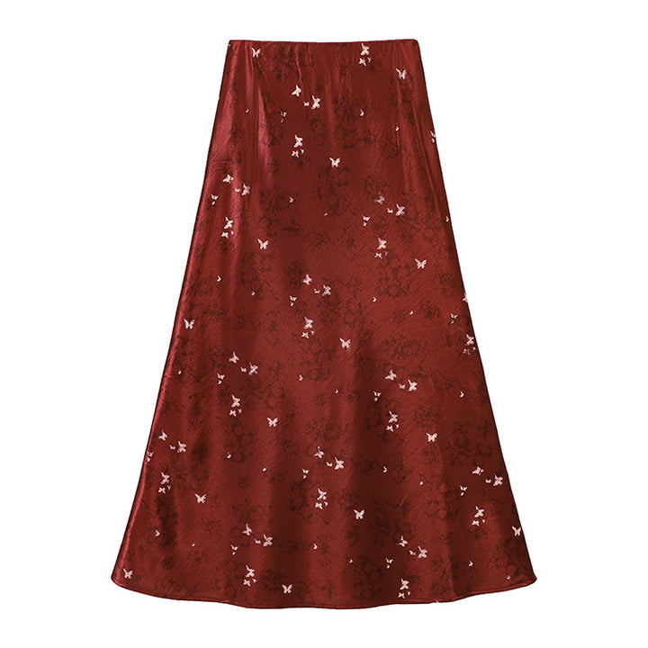 Damen nan A-Linien Midirock aus Jacquard-Satin mit floralen und Schmetterlingsreliefs Drune