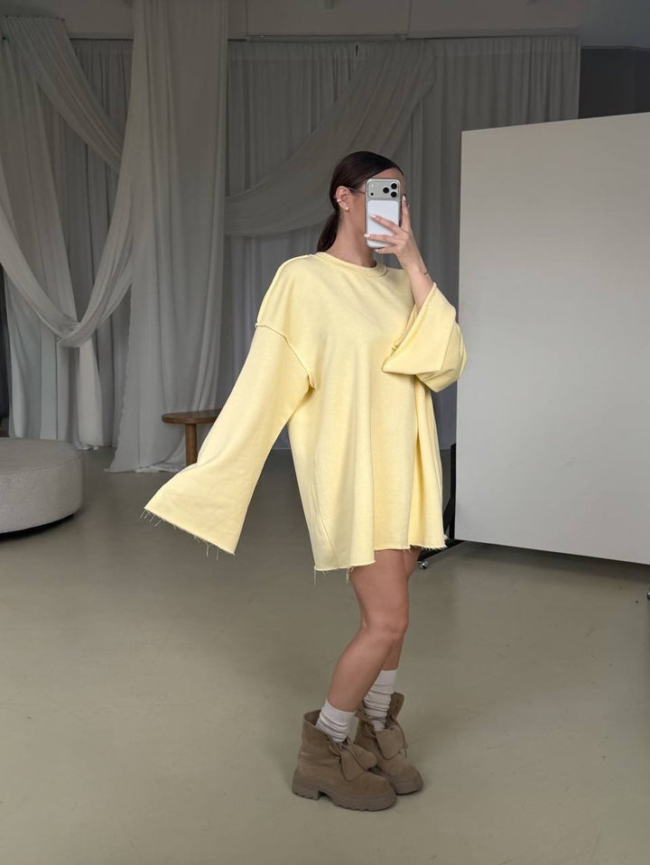 Damen oversized Sweatshirt-Kleid mit ausgefranstem Saum und weiten Glockenärmeln Drune