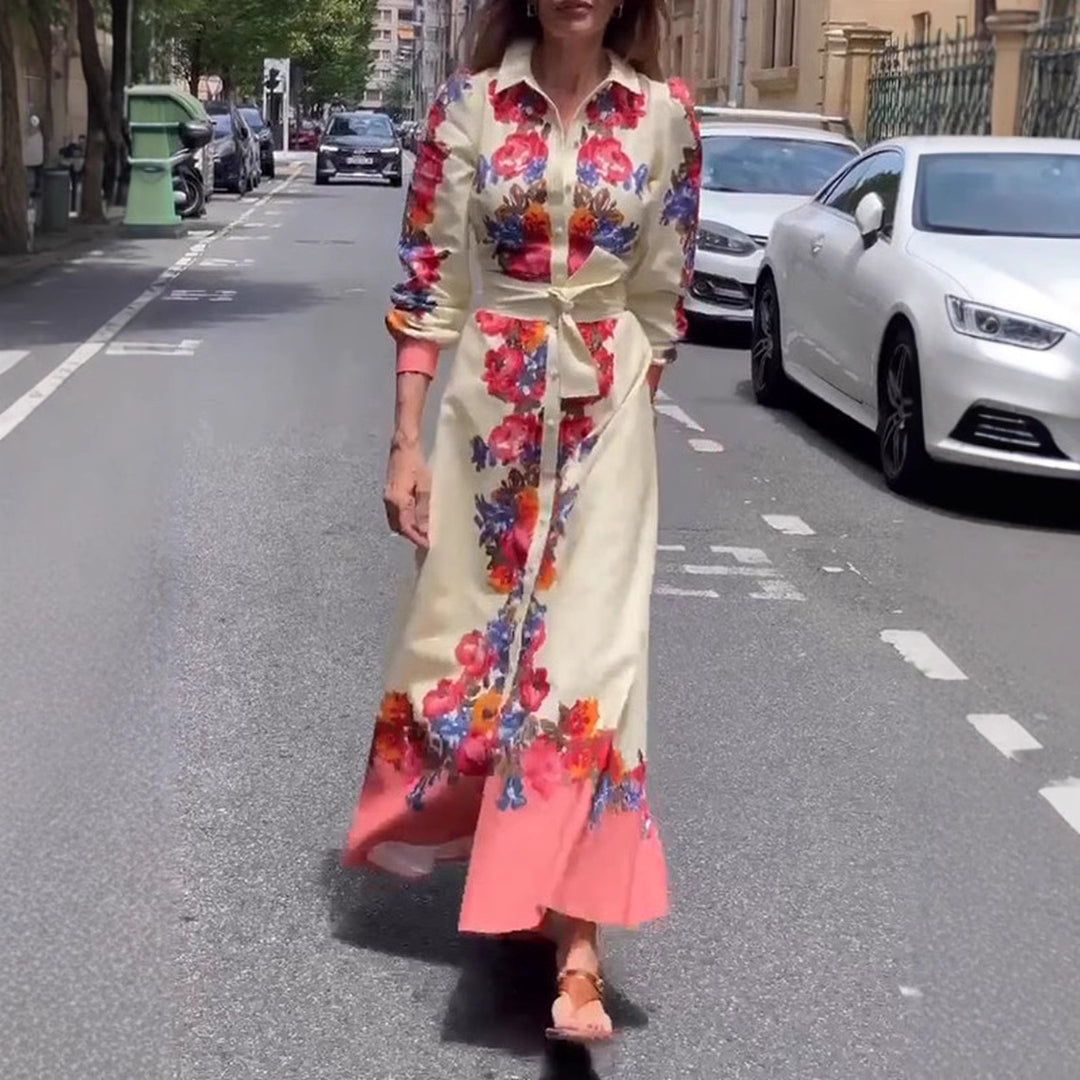 Damen nan langes Hemdblusenkleid mit floralem Print, Bindegürtel und Volantbesatz Drune