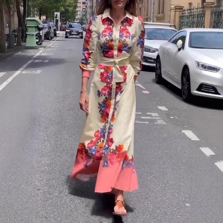 Damen nan langes Hemdblusenkleid mit floralem Print, Bindegürtel und Volantbesatz Drune