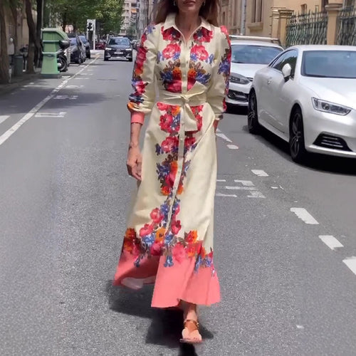 Damen nan langes Hemdblusenkleid mit floralem Print, Bindegürtel und Volantbesatz Drune