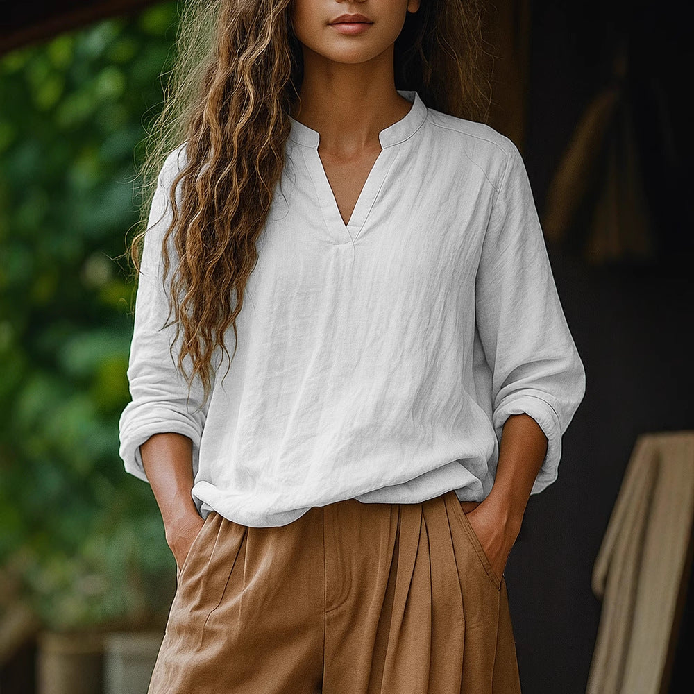 Damen Casual Tunika-Bluse in Leinenoptik mit kleinem Stehkragen und V‑Schlitz Drune